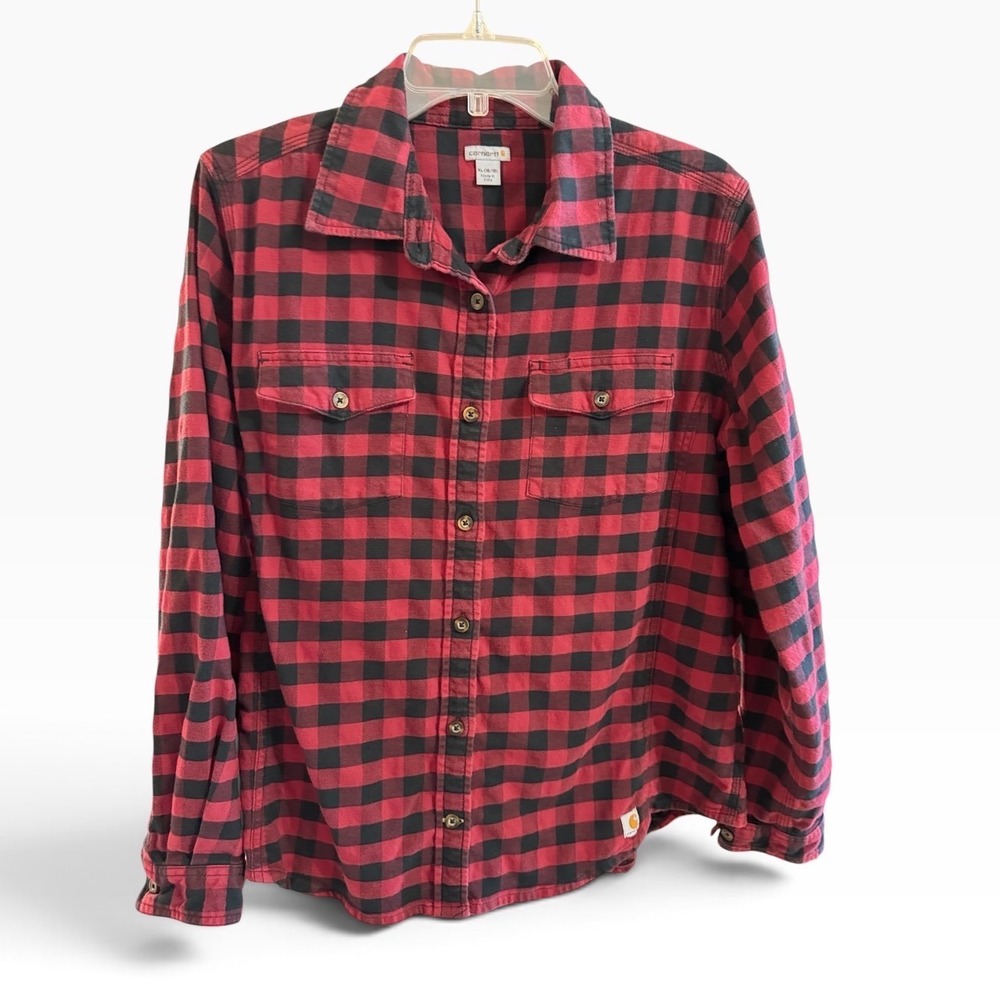 Carhartt Flannel Shirt Women XL Red Black Buffalo Check Plaid Workwear Flannel